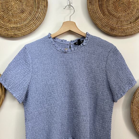 Express Blue Stretch Smocked Ruffle Short Sleeve Top Large - Picture 4 of 7